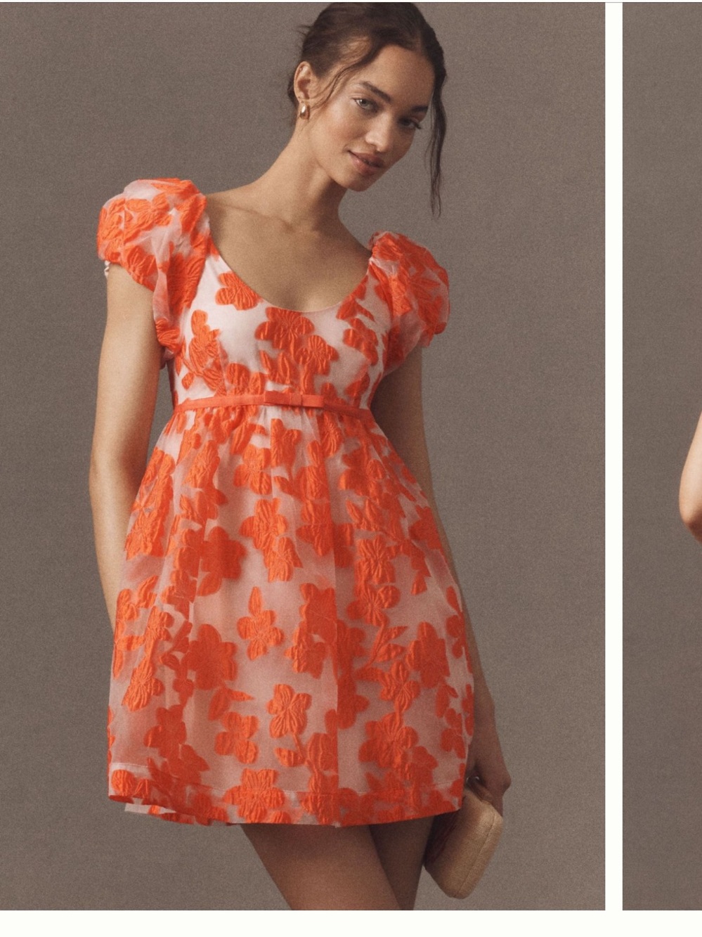 Anthropologie Orange Floral Puff-Sleeve Mini Dress